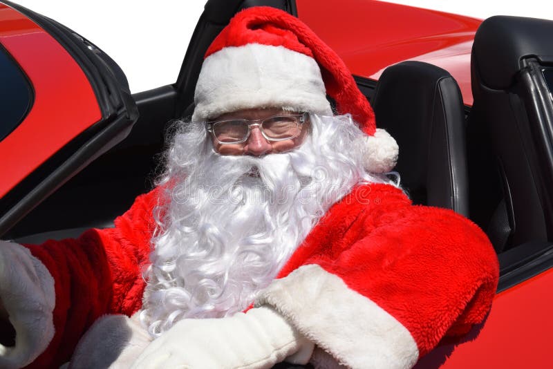 Santa Claus s'asseyant dans sa voiture de sport rouge toute neuve images stock Santa Claus s'asseyant dans sa voiture de sport rouge toute neuve images stock