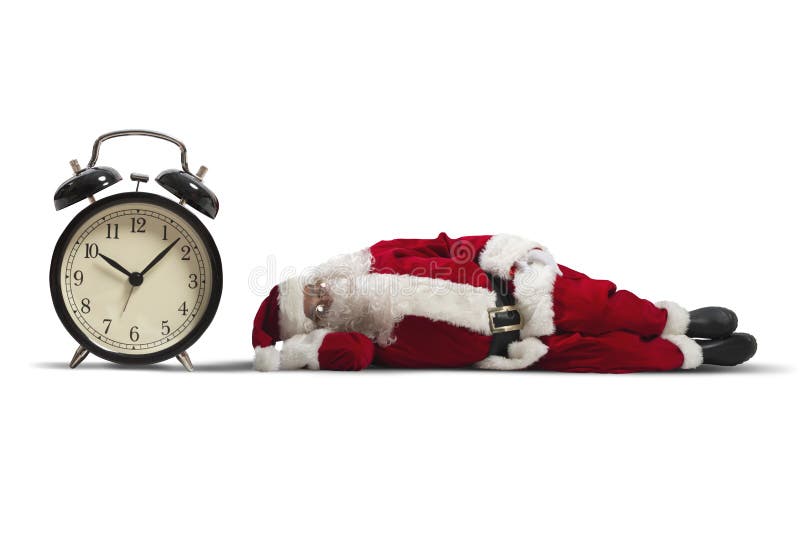 Concept of tired Santa Claus asleep lying on the ground. Concept of tired Santa Claus asleep lying on the ground