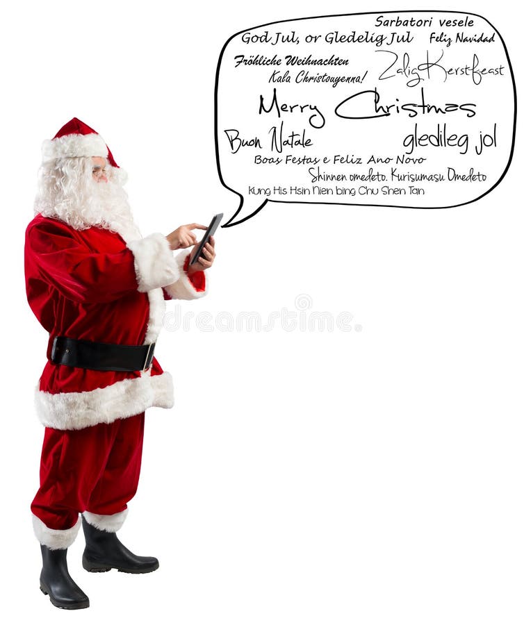 Santa claus sends greeting messages by smartphone royalty free stock images