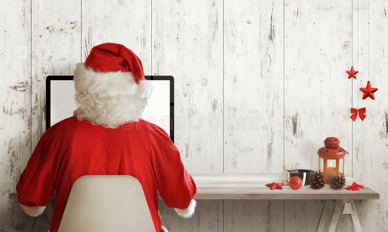 Santa Claus shopping on computer. Christmas sale time. Free space for text