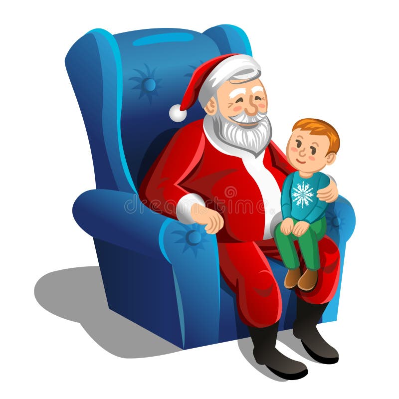 Santa Claus Sitting in Armchair with Little Boy. Vector Stock Vector