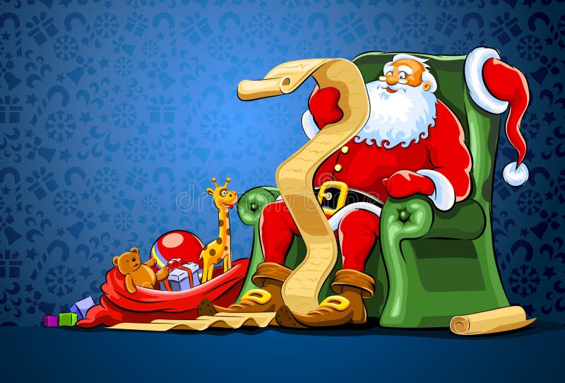 Santa claus sitting in chair with sack of gift