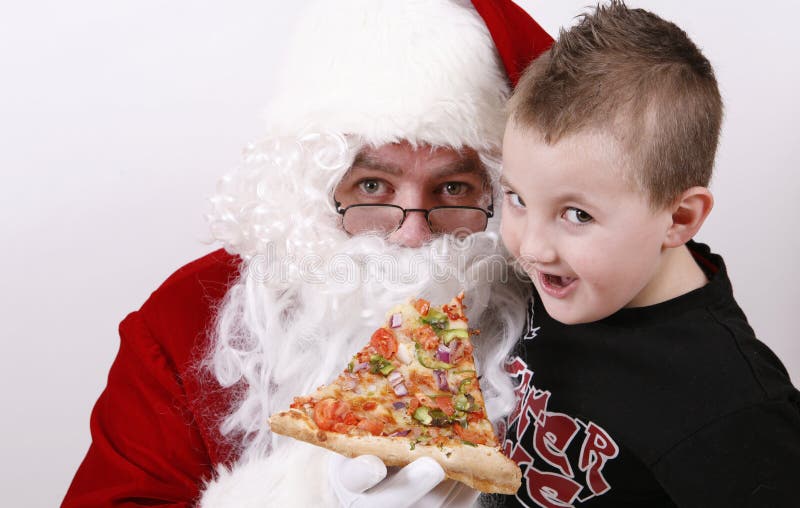 Santa claus smiling and eating pizza