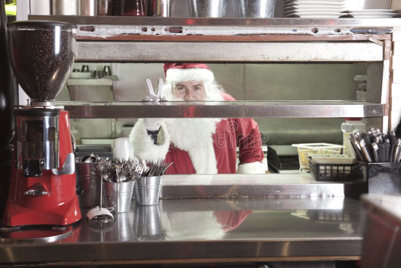 Santa Claus Smiling in Undustrial Kitchen Stock Image Image of happy