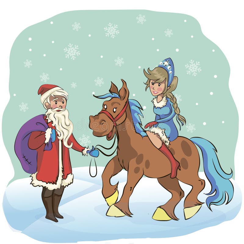 Santa Claus and Snow Maiden riding a horse, behind a snowstorm more in the snow on a white background royalty free illustration Santa Claus and Snow Maiden riding a horse, behind a snowstorm more in the snow on a white background royalty free illustration