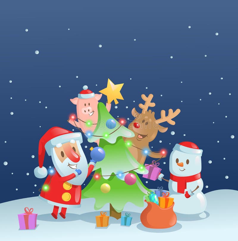 Santa Claus som dekorerar trädet för nytt år med hans vänner Rengöringsdukbaner, annonsering, kort, tryckdesign Färgrik lägenhet royaltyfri illustrationer Santa Claus som dekorerar trädet för nytt år med hans vänner Rengöringsdukbaner, annonsering, kort, tryckdesign Färgrik lägenhet royaltyfri illustrationer