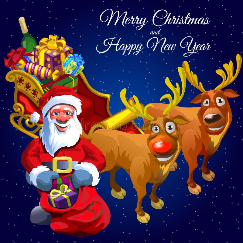 Santa Claus and Two Deers with Cart Full of Gifts Stock Vector ...