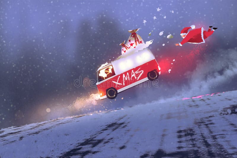 Santa claus and the van with christmas gift bags jumping on winter road