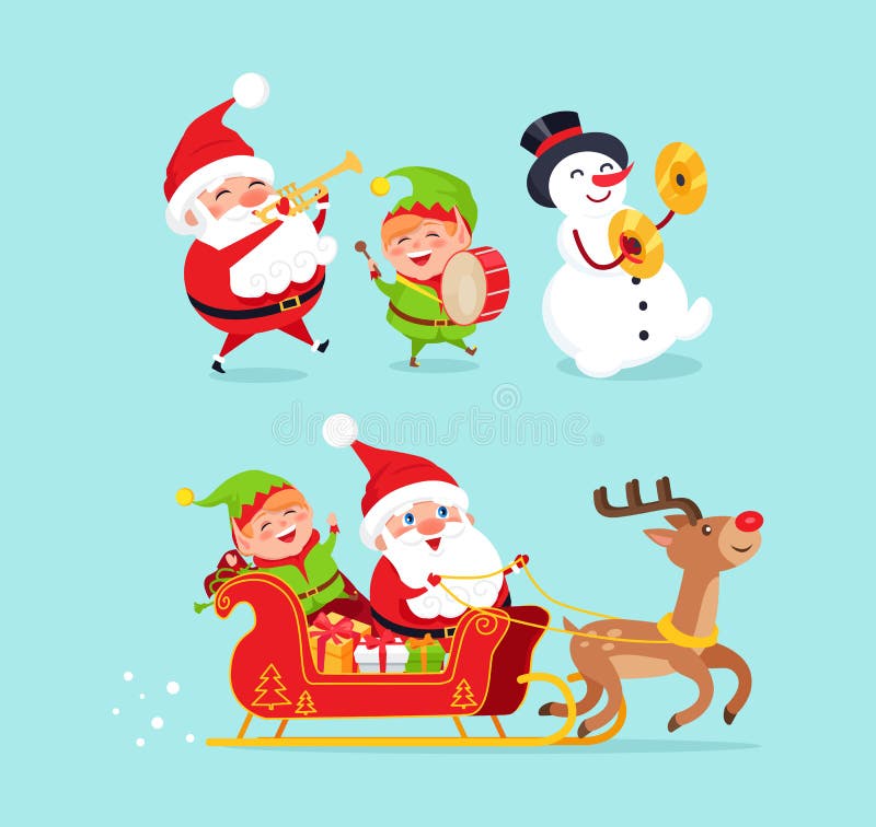 Santa Claus wearing traditional costume and snowman with black hat, elf with drum, sled and reindeer with presents, characters vector illustration. Santa Claus wearing traditional costume and snowman with black hat, elf with drum, sled and reindeer with presents, characters vector illustration