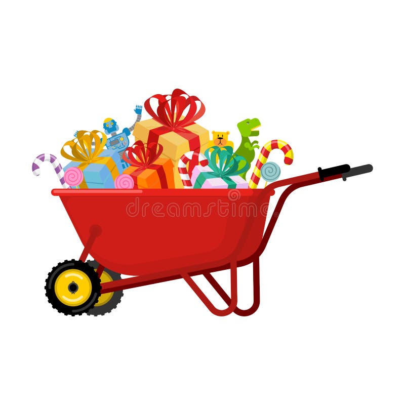 Santa Claus Wheelbarrow y regalos Navidad pone a tierra la carretilla Christm ilustración del vector Santa Claus Wheelbarrow y regalos Navidad pone a tierra la carretilla Christm ilustración del vector