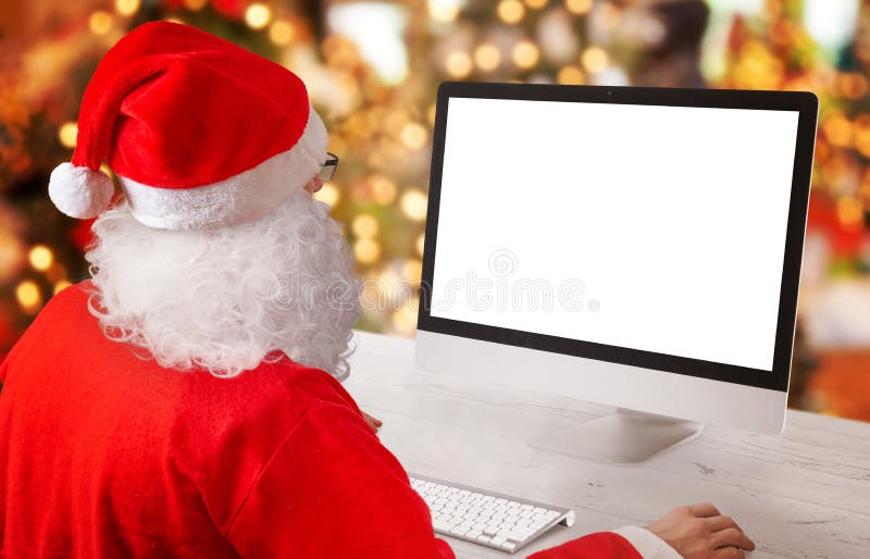 Santa Claus Work on Computer. Isolated Blank Screen for Mockup