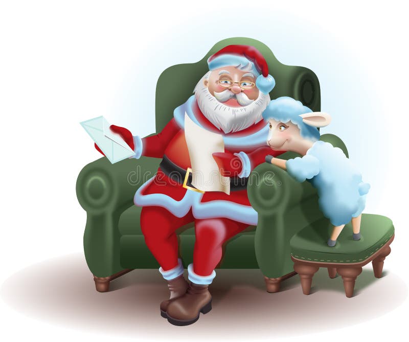 Santa Claus zit in een stoel en een lezing een brievenschaap stock illustratie Santa Claus zit in een stoel en een lezing een brievenschaap stock illustratie