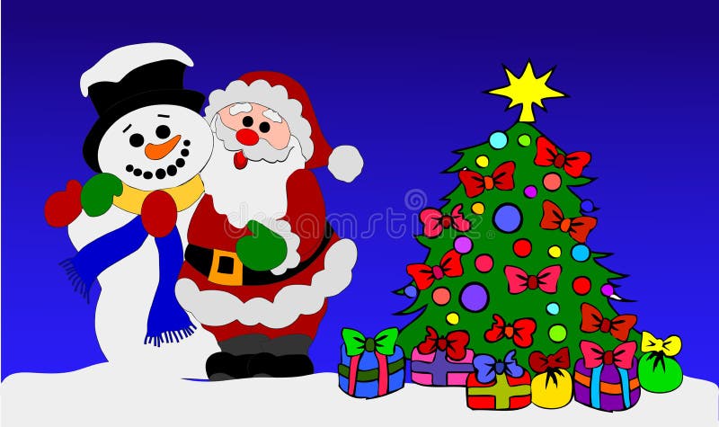 Santa Clause and Snowman with Christmas Tree