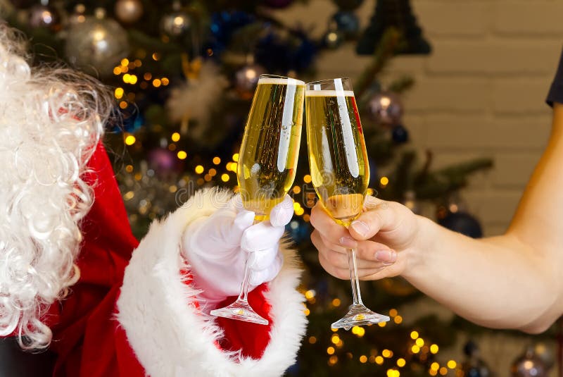 Santa Clinks Glasses Of Champagne Clinking Champagne Glasses