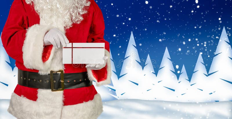 Santa claus holds a envelope for labeling in wintry landscape. Santa claus holds a envelope for labeling in wintry landscape