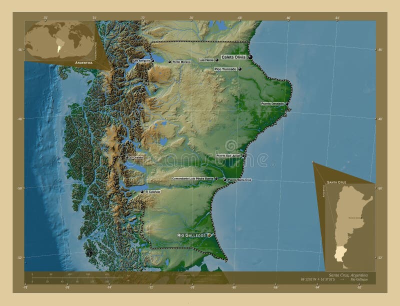 Santa Cruz, Argentina. Physical. Labelled Points of Cities Stock Photo ...