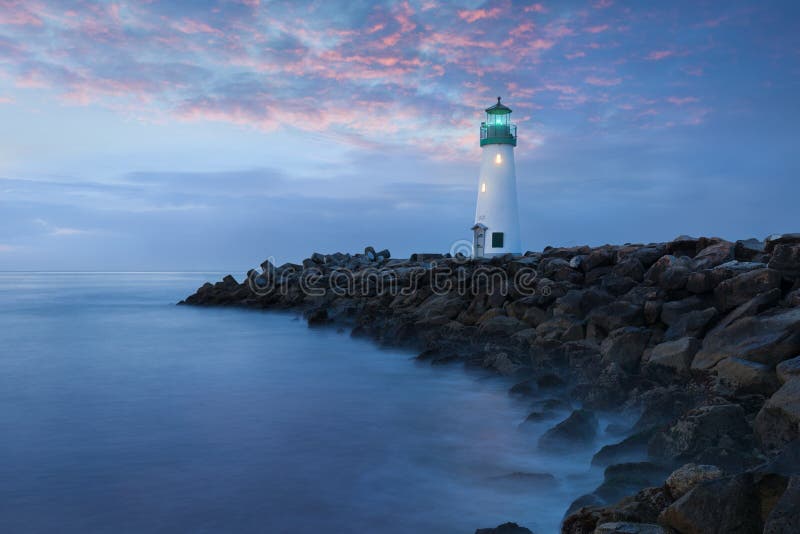 Santa Cruz Breakwater Light Walton Lighthouse in Santa Cruz at colorful sunrise, Pacific coast, California, USA