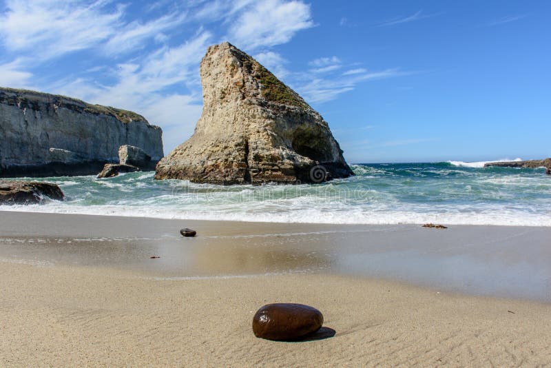 Santa Cruz Shark Fin Cove with Stone on Beach stock image Santa Cruz Shark Fin Cove with Stone on Beach stock image