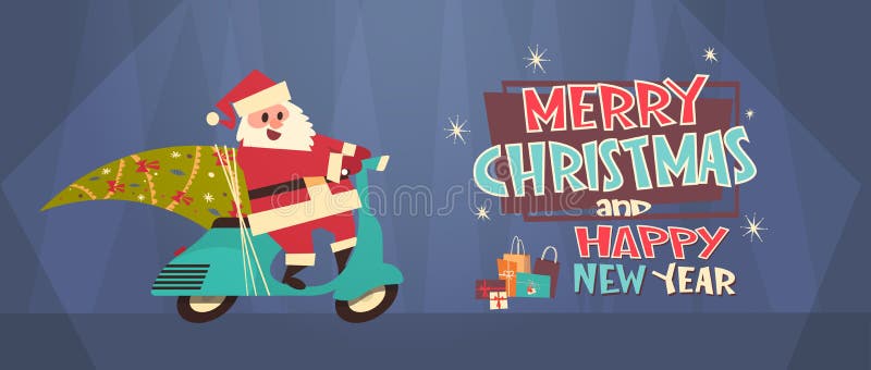 Santa Driving Scooter With Pine-Boom, Vrolijke Kerstmis en de Gelukkige van de de Kaartwinter van de Nieuwjaargroet Banner van he stock illustratie Santa Driving Scooter With Pine-Boom, Vrolijke Kerstmis en de Gelukkige van de de Kaartwinter van de Nieuwjaargroet Banner van he stock illustratie