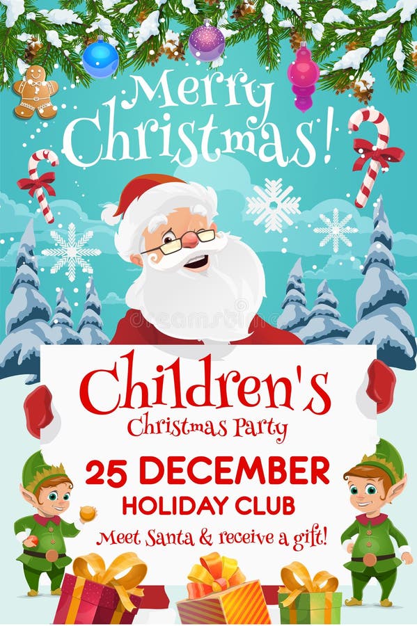 Santa with elves and gifts. Kids Christmas party