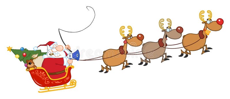 Santa in Flight with His Reindeer and Sleigh Stock Vector - Illustration of  drawing, clip: 18004885