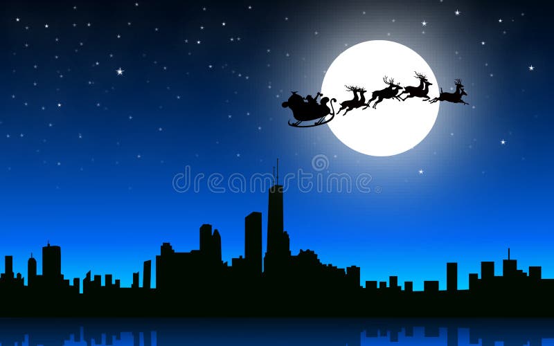 Santa Flying con el trineo en la ciudad de la noche - vector libre illustration Santa Flying con el trineo en la ciudad de la noche - vector libre illustration