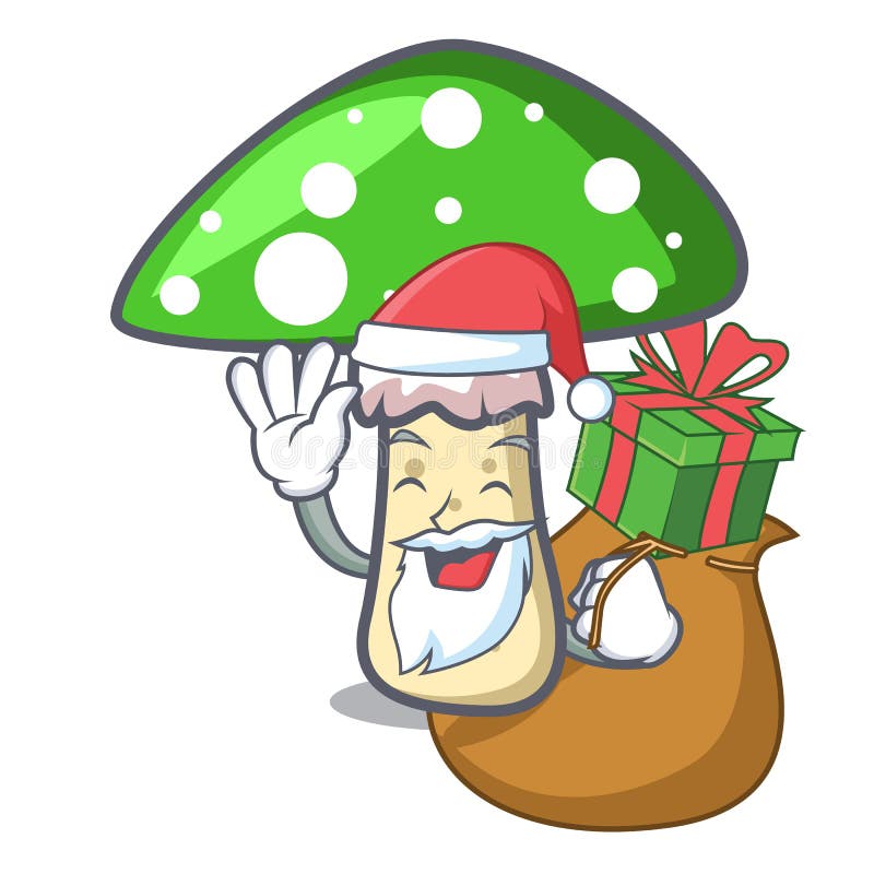 Santa with gift green amanita mushroom mascot cartoon royalty free illustration
