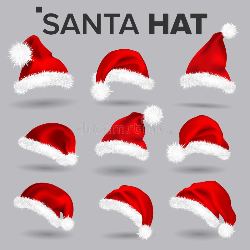 Santa Hat Set Vector Santa Claus Holiday Red And White lock Colllection Vinterjuldesign Isolerat realistiskt vektor illustrationer Santa Hat Set Vector Santa Claus Holiday Red And White lock Colllection Vinterjuldesign Isolerat realistiskt vektor illustrationer