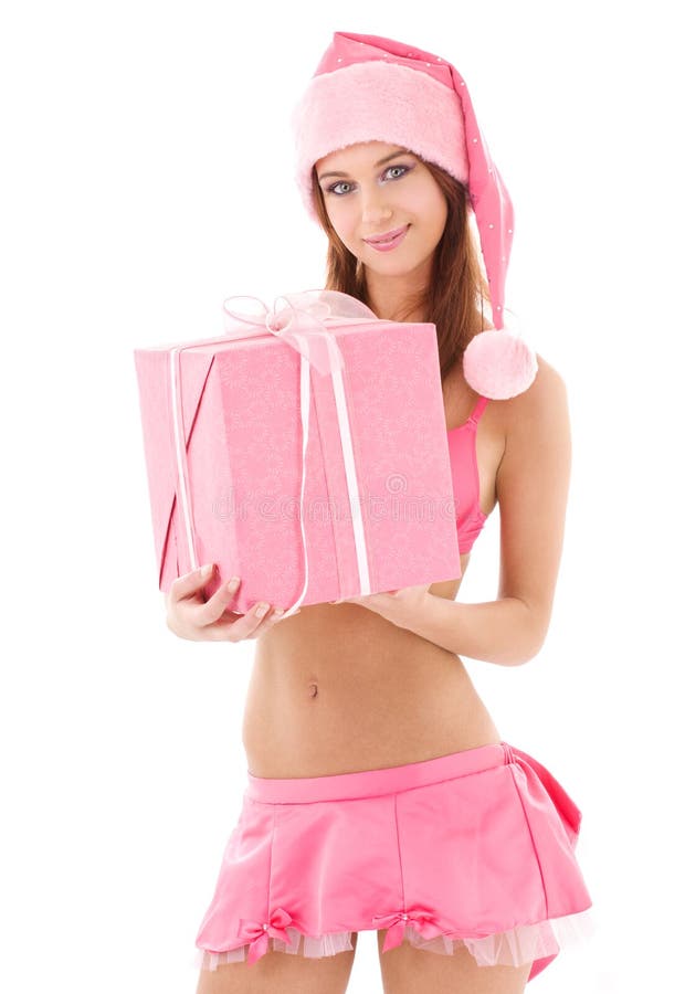 Santa helper girl in pink with gift box