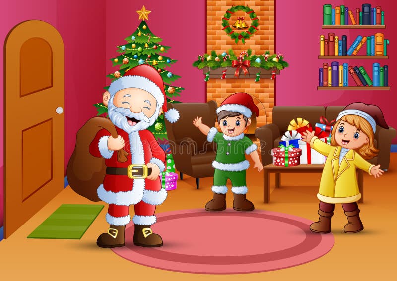 Santa heureuse et deux enfants dans le salon avec l'arbre de Noël illustration stock Santa heureuse et deux enfants dans le salon avec l'arbre de Noël illustration stock