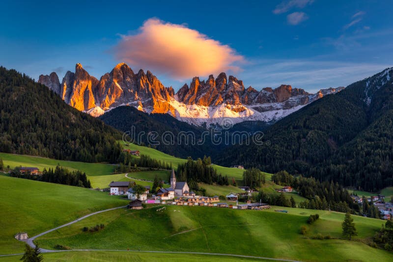 Santa Maddalena Santa Magdalena village with magical Dolomites mountains in autumn, Val di Funes valley, Trentino Alto Adige region, South Tyrol, Italy, Europe. Santa Maddalena Village, Italy.