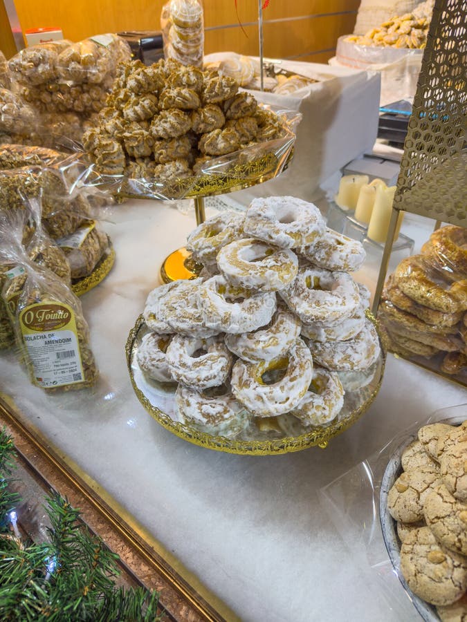 Santa Maria da Feira, Portugal - december 2 2023. Christmas showcase with sweets in vintage style. Christmas sweets. Selective focus. Natural light. Santa Maria da Feira, Portugal - december 2 2023. Christmas showcase with sweets in vintage style. Christmas sweets. Selective focus. Natural light