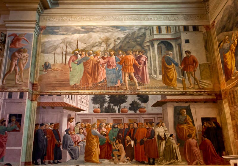 The fresco in the Brancacci Chapel in the Santa Maria del Carmine church and monastery with the Expulsion of Adam and Eve. Tribute. St Peter Preaching, St Paul Visiting St Peter in Prison . Raising of the Son of Theophilus and St Peter Enthroned and St Peter Healing the Sick with His Shadow by Masacciom Filippino Lippi and Masaccio. in Florence, Firenze, Italy, Italia. The fresco in the Brancacci Chapel in the Santa Maria del Carmine church and monastery with the Expulsion of Adam and Eve. Tribute. St Peter Preaching, St Paul Visiting St Peter in Prison . Raising of the Son of Theophilus and St Peter Enthroned and St Peter Healing the Sick with His Shadow by Masacciom Filippino Lippi and Masaccio. in Florence, Firenze, Italy, Italia.