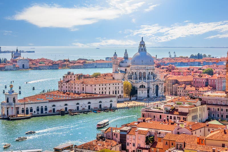 Santa Maria della Salute and Punta della Dogana in the Grand Canal of Venice, view from the top of Basilica San Marco