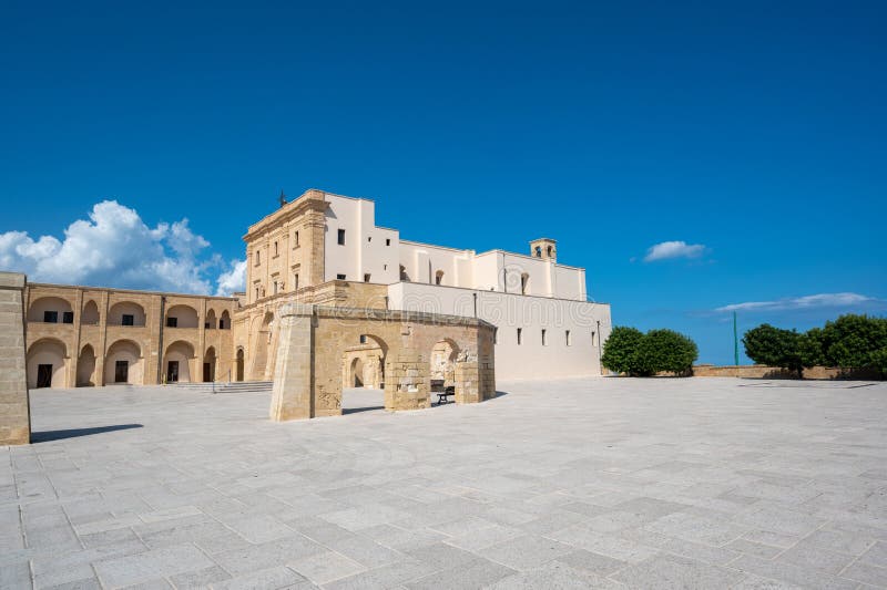 Santa Maria di Leuca, Puglia, Italy. August2021. The sanctuary seen from three quarters, beautiful sunny day. Santa Maria di Leuca, Puglia, Italy. August2021. The sanctuary seen from three quarters, beautiful sunny day