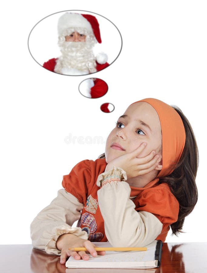 Adorable girl studying thinking about santa claus a over white background. Adorable girl studying thinking about santa claus a over white background