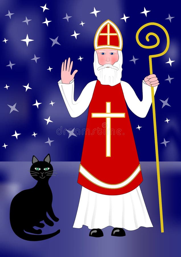 Santa Nicolas e gatto nero sul fondo di notte con le stelle illustrazione vettoriale Santa Nicolas e gatto nero sul fondo di notte con le stelle illustrazione vettoriale