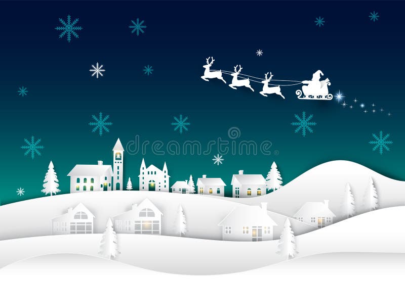 Santa no céu noturno no fundo do inverno da arte do papel da vila ilustração stock Santa no céu noturno no fundo do inverno da arte do papel da vila ilustração stock