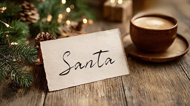 Santa note with coffee on rustic christmas wooden table stock photos
