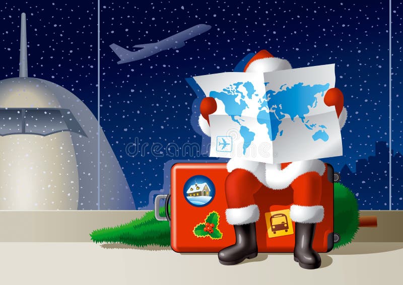 Babbo Natale in aeroporto è seduto su una valigia e selezione di un percorso per il Natale di viaggio.