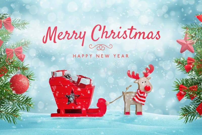 Santa`s reindeer sleigh full of gifts in snow. Merry Christmas greeting card with cute toys composition. Christmas tree with decorations beside