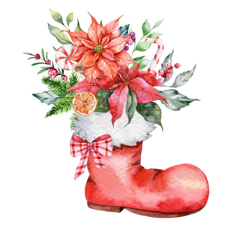 Santa's Socks with poinsettia, greenery and sweets hand painted watercolor illustration isolated on white. Christmas decorations, Christmas Card Element. Santa's Socks with poinsettia, greenery and sweets hand painted watercolor illustration isolated on white. Christmas decorations, Christmas Card Element