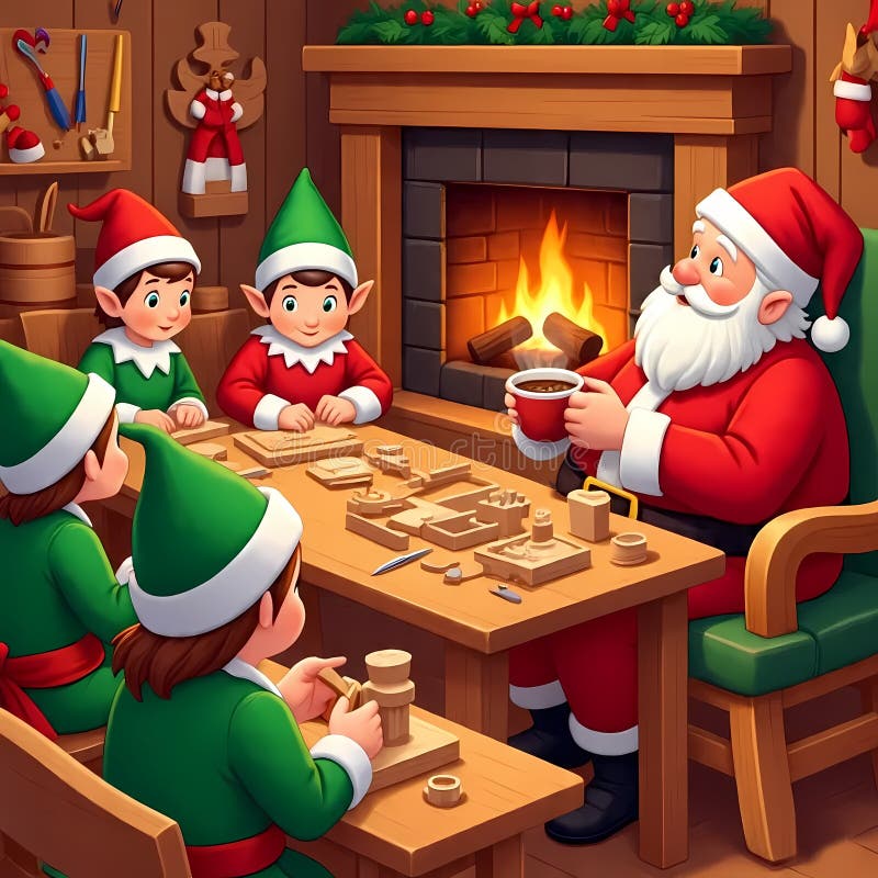 This illustration captures a warm and festive scene inside Santa Claus's cozy workshop. Santa, dressed in his classic red suit, sits comfortably in a green armchair near a glowing fireplace, sipping from a red mug. Around a wooden table, four cheerful elves in green and red outfits work diligently on assembling wooden toys, surrounded by scattered tools and toy parts. The rustic wooden interior is adorned with holiday decorations including garlands, stockings, and hanging tools, enhancing the seasonal charm. The soft firelight adds a welcoming glow, emphasizing teamwork, tradition, and holiday preparation. Ideal for themes related to Christmas, winter celebrations, and handcrafted gifts, this image evokes the spirit of the season with detailed character interaction and a rich, storytelling atmosphere. Inside santa workshop illustrations