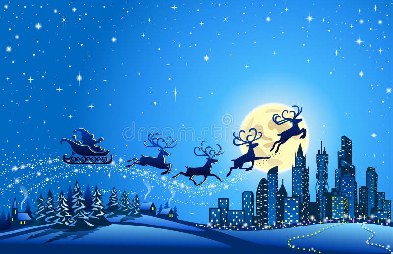Santa Sleigh Closer aan de Grote Stad stock illustratie Santa Sleigh Closer aan de Grote Stad stock illustratie