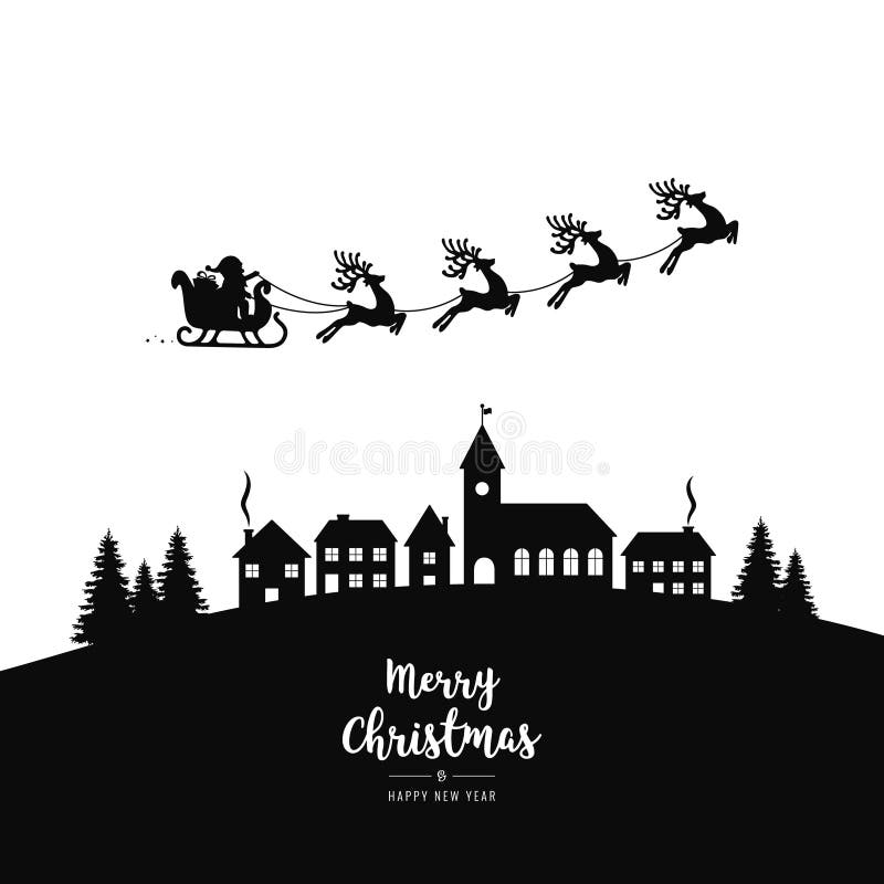 Santa sleigh flying silhouette into the winter village christmas night isolated background