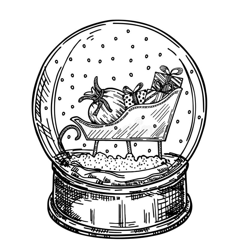 Santa sleigh glass ball. Hand drawn vector illustration - Christmas snow globe with a snowman, Christmas accessories