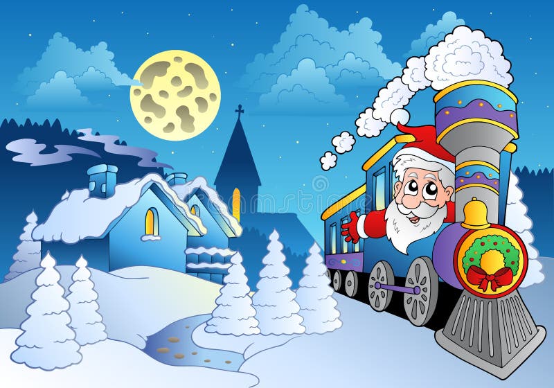 Santa sul treno vicino al piccolo villaggio royalty illustrazione gratis Santa sul treno vicino al piccolo villaggio royalty illustrazione gratis