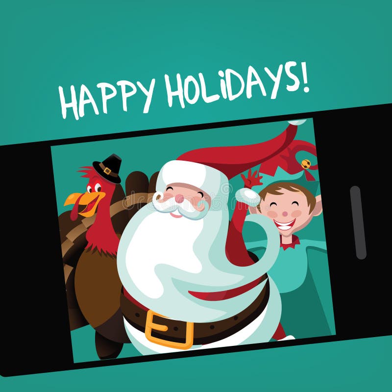 Santa, Thanksgiving turkey and elf take a holiday selfie