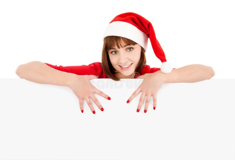 Santa woman pointing on blank sign billboard