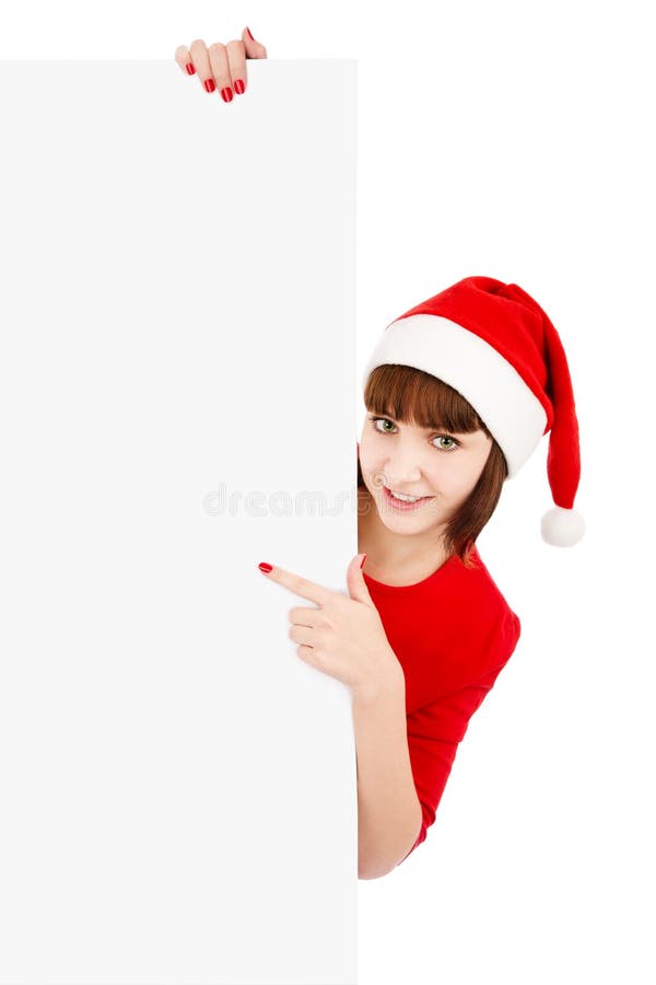 Santa woman pointing on blank sign billboard